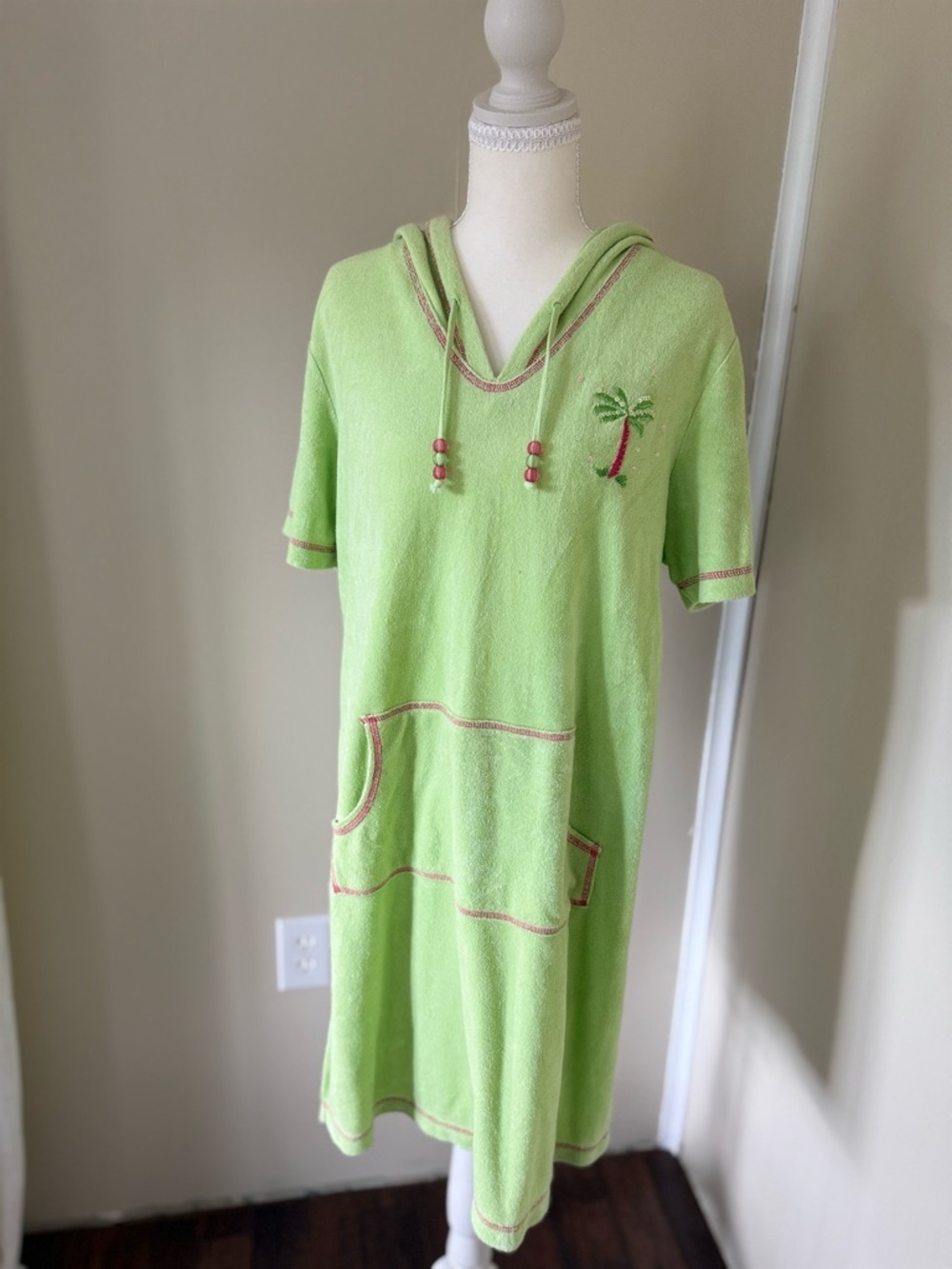 Vintage Y2K Beach Coverup Quacker Factory Terrycloth Pool Dress Palm Tree Beads